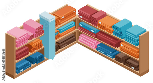 Isometric corner shelves with colorful folded towels in a store display