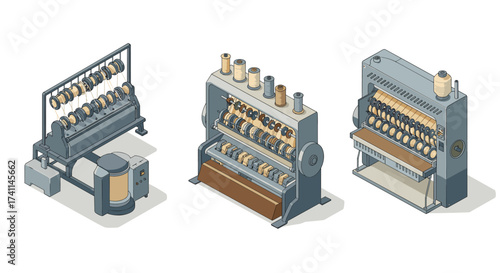 Industrial sewing machines in isometric style: modern textile manufacturing equipment