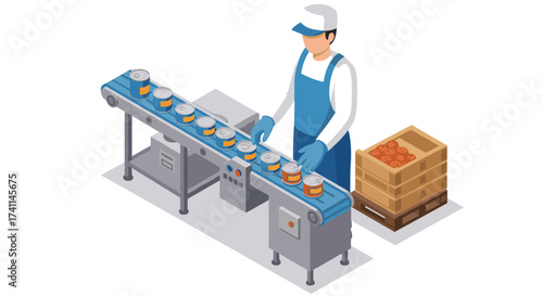 Isometric factory worker operating assembly line with canned goods and wooden crate