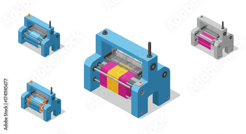 Isometric textile machines on white background with colorful thread