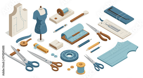 Sewing tools set with dress form and patterns in isometric design for fashion design projects