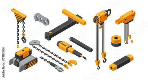 Isometric industrial machinery components set with chains and hooks