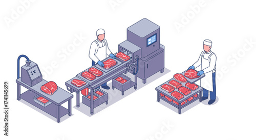 Automated meat processing plant with workers in isometric design