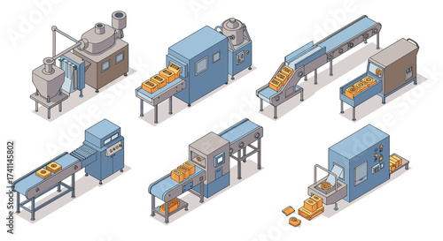Industrial bakery machinery in isometric view: manufacturing and processing equipment