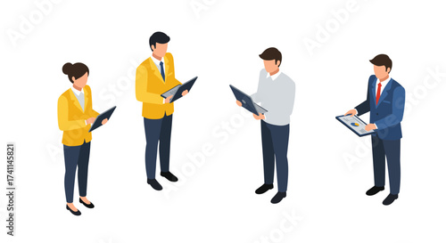 Professional team collaboration in isometric style with digital tablets