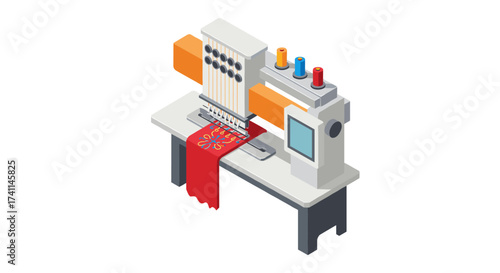 Isometric embroidery machine with colorful threads and fabric detail