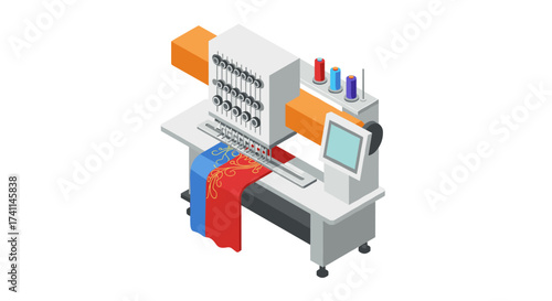 Isometric embroidery machine with colorful fabric and thread spools for textile design