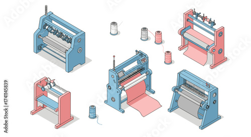Isometric paper mill machines with spools and threads in blue and pink