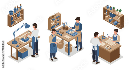 Craft workshop scene featuring artisans creating handmade pottery and jewelry in isometric style