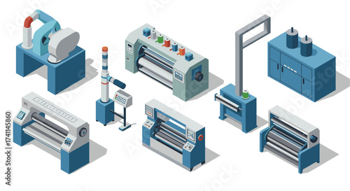 Isometric industrial machines set for manufacturing and automation