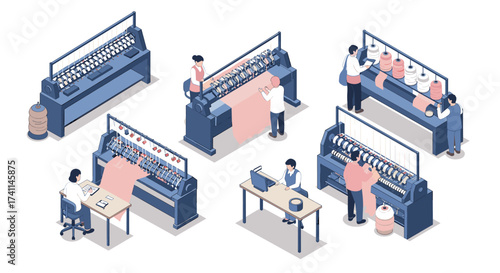 Industrial textile manufacturing process with workers operating machinery in modern isometric design