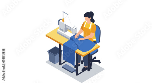 Seamstress working on sewing machine in modern isometric style