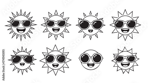 Happy sunny sun faces with sunglasses collection cartoon style for summer season fun and joy vector