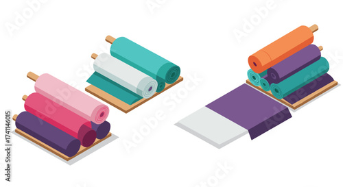 Isometric fabric rolls in various colors on wooden racks