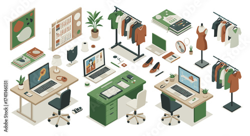 Minimalist workspace and fashion design studio with isometric furniture and accessories