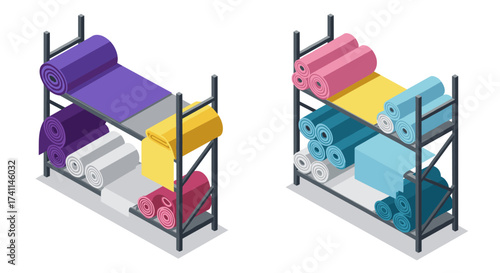 Colorful fabric rolls on isometric shelves for textile organization