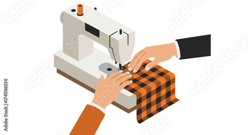 Isometric sewing machine with hands creating checkered fabric in action