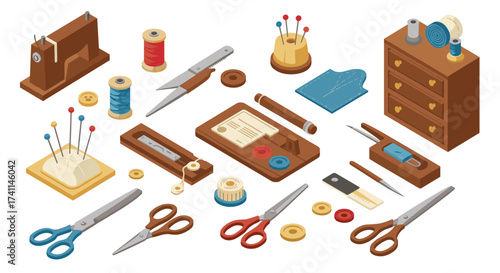 Sewing tools in isometric design with vintage scissors and pin cushions