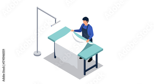 Tailor preparing fabric on cutting table in isometric design