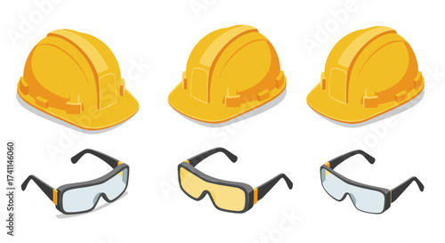 Isometric yellow hard hats and safety glasses set on white background