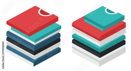 Isometric t-shirt stacks in bold colors on white background