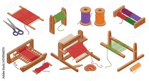 Isometric textile tools and yarn set with wooden looms and colorful threads