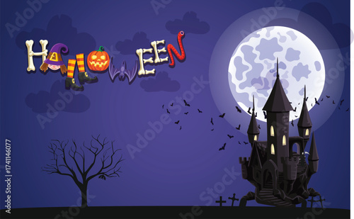 Spooky halloween night with castle and moon