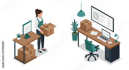 Isometric office workspace with woman managing package deliveries and online orders