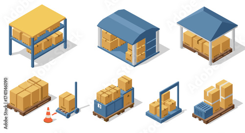 Warehouse storage solutions in isometric style with boxes, pallets, and racks