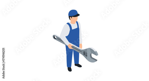 Isometric mechanic holding large wrench: repair and maintenance concept