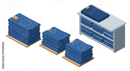 Isometric illustration of folded denim jeans on display in retail store