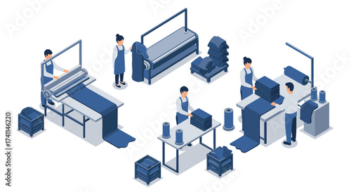 Textile factory process with workers in modern isometric design