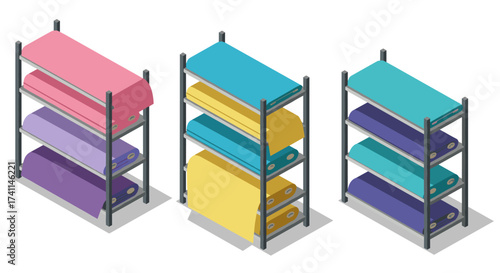 Colorful fabric rolls on isometric shelving units in modern design