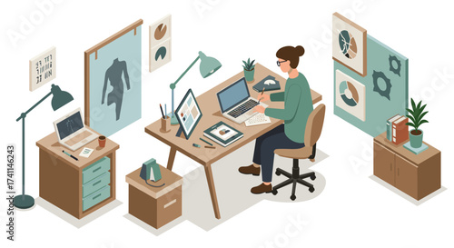 Creative designer working in modern isometric home office with digital tools