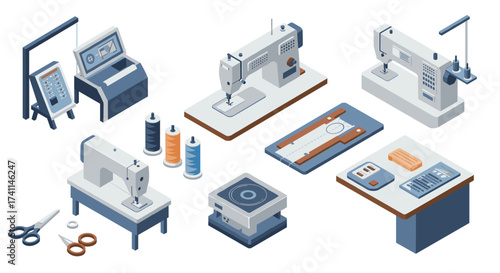 Sewing workshop tools in isometric style: machines, threads, scissors, and tools for textile craft enthusiasts