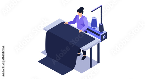 Isometric tailoring scene with seamstress working at cutting table in modern workshop