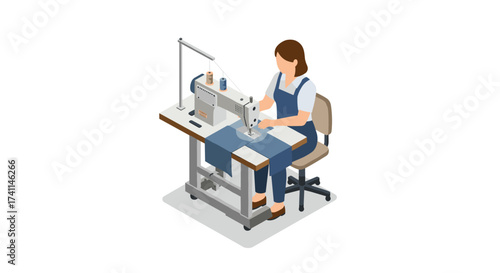 Isometric seamstress working on sewing machine in workshop