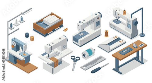 Isometric sewing machines and accessories set for crafting and design projects