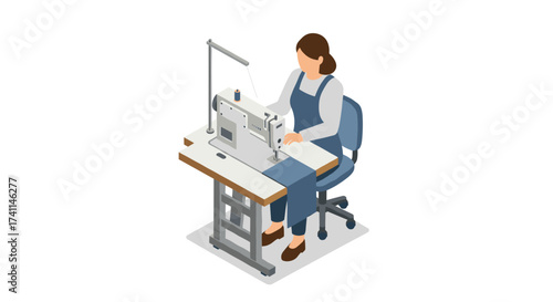 Seamstress at work: isometric scene of woman sewing at machine in workshop