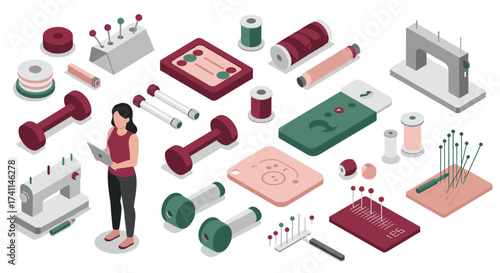 Isometric sewing craft elements with sewing machine and woman in modern style