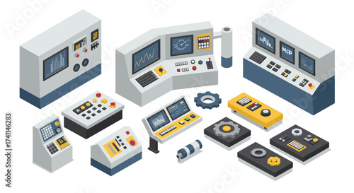 Isometric control panels and industrial equipment design elements