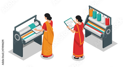 Traditional textile printing process with women in sari clothing using modern machines