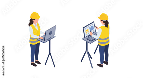 Isometric construction worker analyzing data on portable laptop