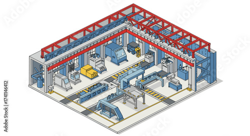 Isometric factory interior with machinery and production line in modern industrial design