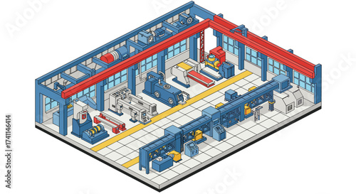 Isometric factory environment showcasing industrial machines and equipment