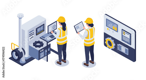 Engineers operating machinery in isometric industrial setting with control panels and tablets