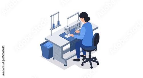 Seamstress working at sewing machine in modern workshop isometric design