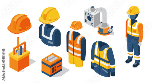 Isometric construction equipment and safety gear on white background