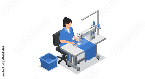 Seamstress working at sewing machine in modern isometric workshop scene
