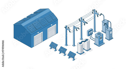 Isometric power plant: renewable energy facility with solar panels and substation